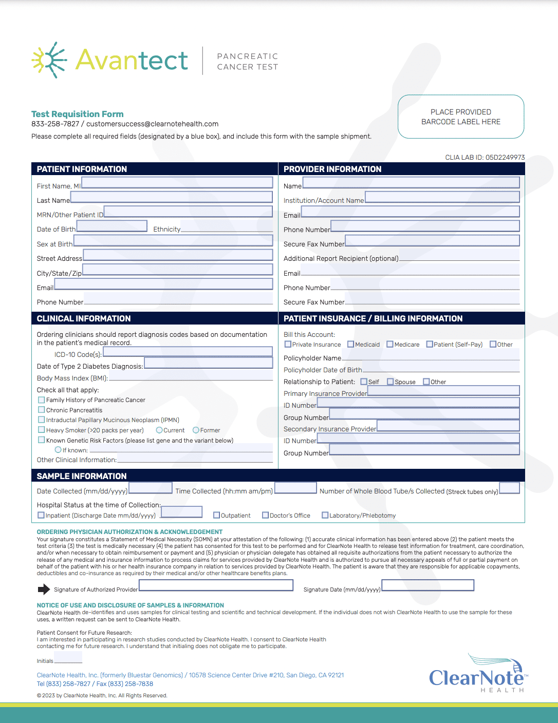 Avantect test requisition form