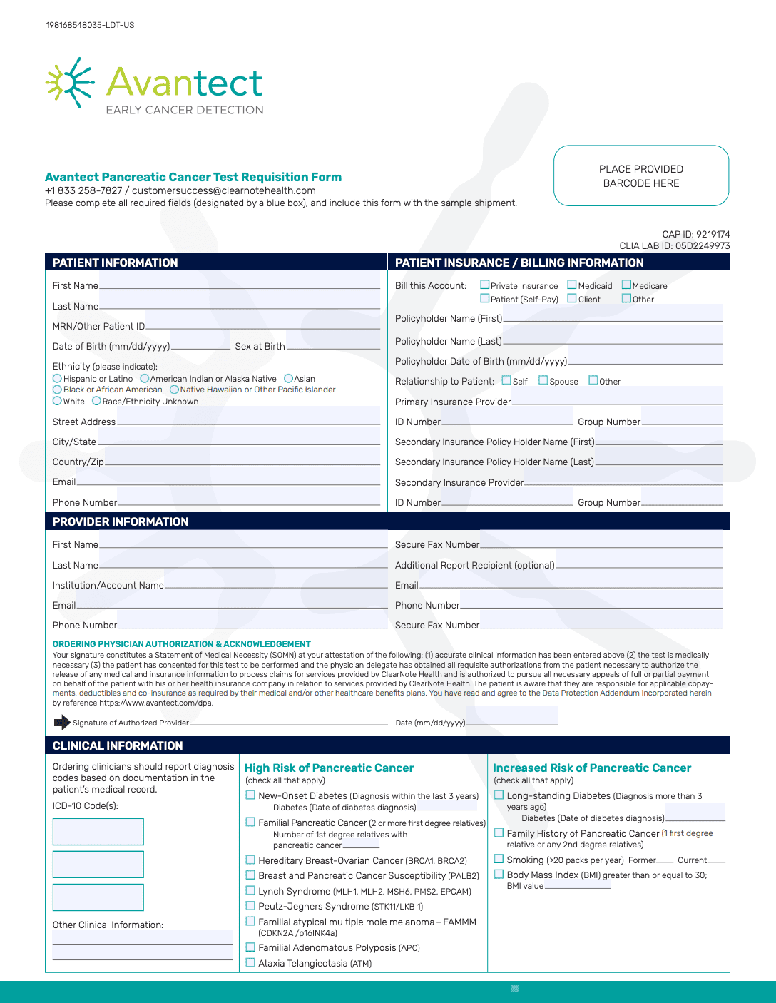 Avantect Pancreatic Cancer Test Request Form